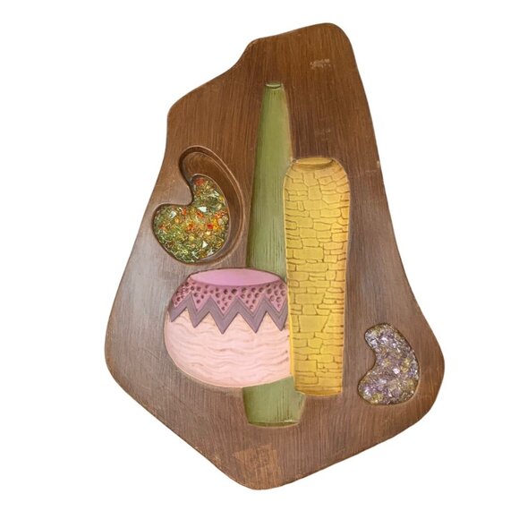 Vintage 1970s Ceramic Wall Art Painted Wood Style Gemstones 17x12